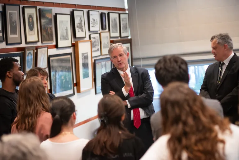 French Ambassador speaking to students at Olin